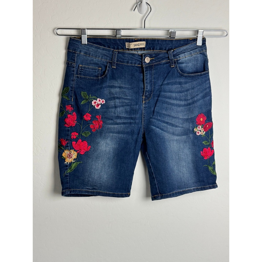 Sandpiper Womens Blue Denim Floral Embroidered Shorts Size 16 Mid Rise Boho